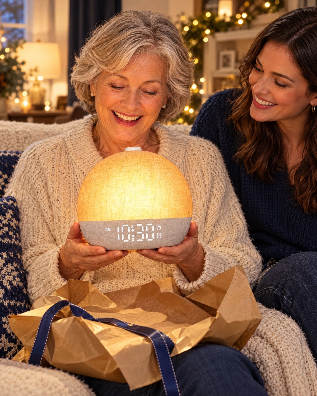 Femme qui découvre le réveil lumineux Aube offert en cadeau (visuel d'illustration)