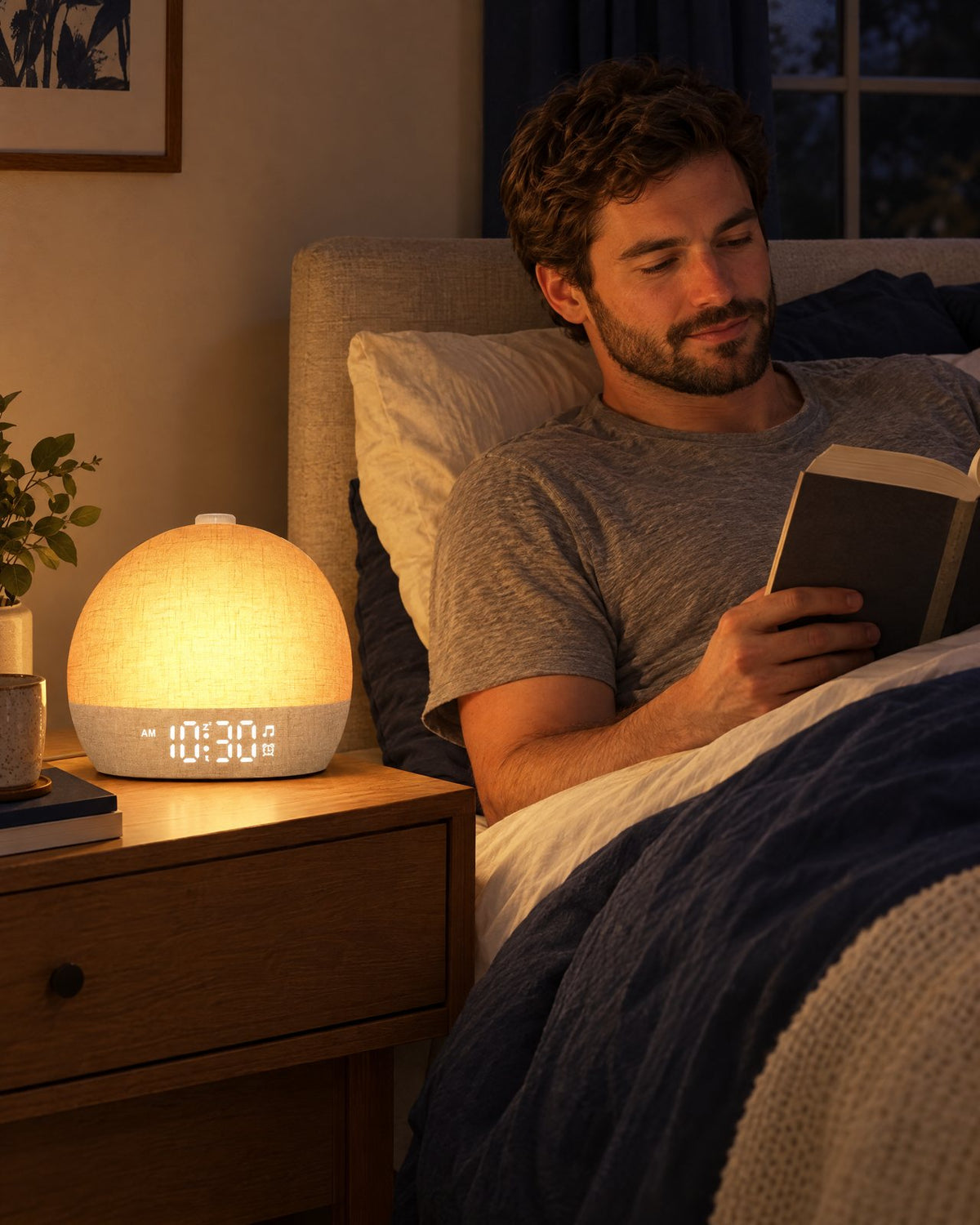 Homme qui lit au lit le soir à la lumière du réveil lumineux Aube utilisé en lampe de chevet (visuel d'illustration)