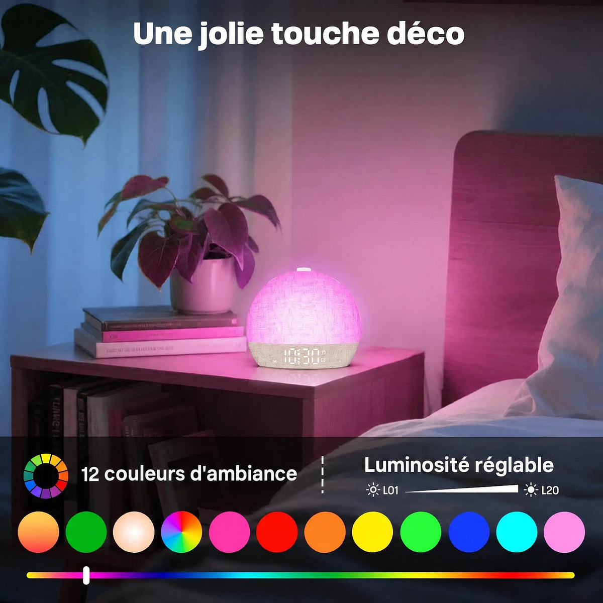 Réveil lumineux Aube en veilleuse colorée, 12 couleurs d'ambiance et luminosité réglable
