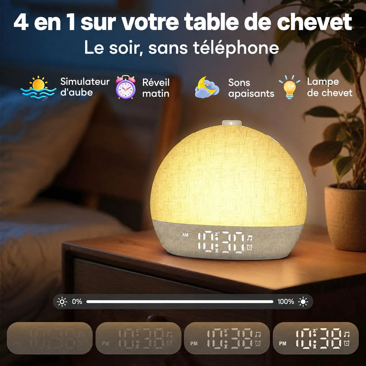 Réveil lumineux Aube 4 en 1 : simulateur d'aube, réveil, sons apaisants et lampe de chevet