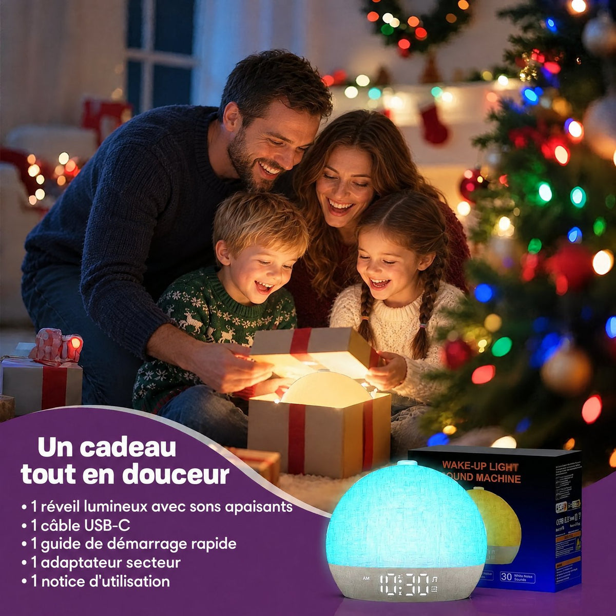 Le réveil lumineux Aube offert en cadeau, contenu de la boîte