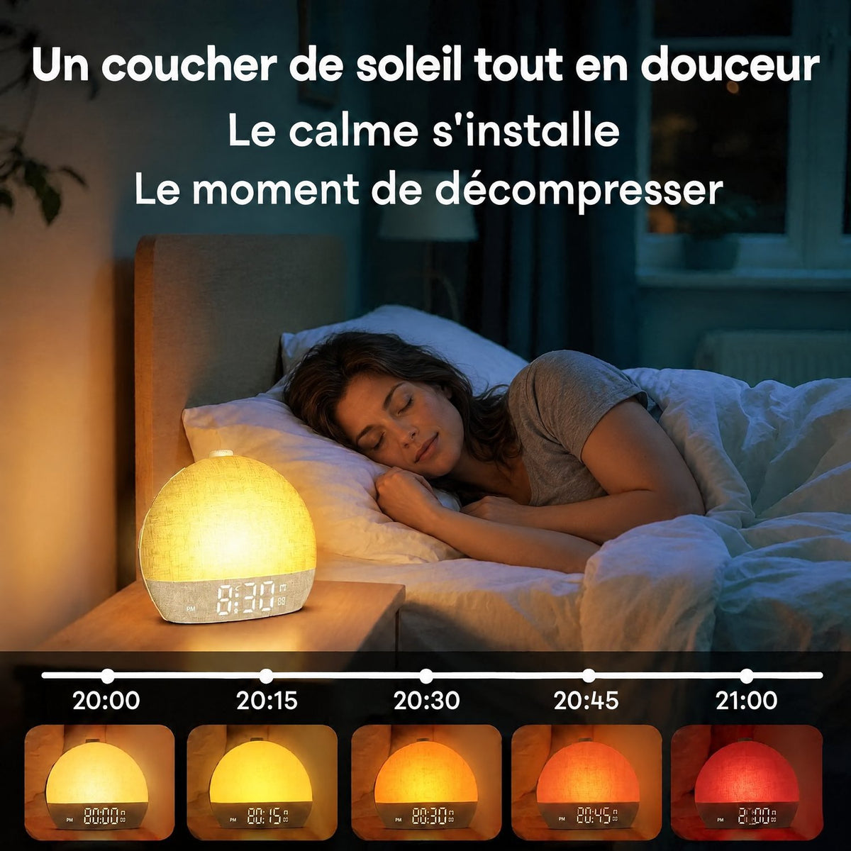 Coucher de soleil progressif du réveil lumineux Aube le soir, de 20 h à 21 h