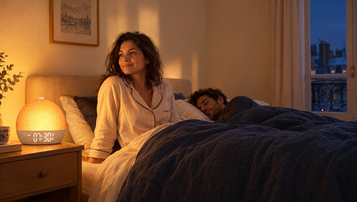 Couple dans une chambre à l'aube, la femme réveillée par la lumière du réveil Aube pendant que son conjoint dort (visuel d'illustration)