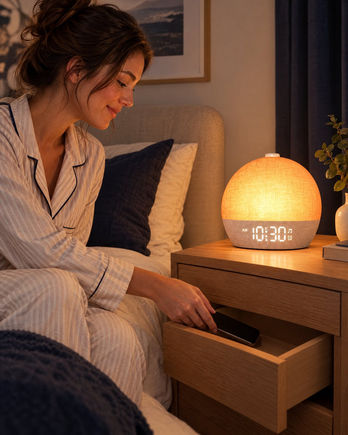 Femme qui range son téléphone dans le tiroir de la table de nuit, réveil lumineux Aube allumé (visuel d'illustration)
