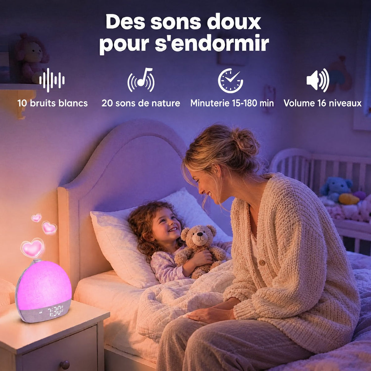 Réveil lumineux Aube en veilleuse dans une chambre d'enfant : 10 bruits blancs, 20 sons de nature, minuterie