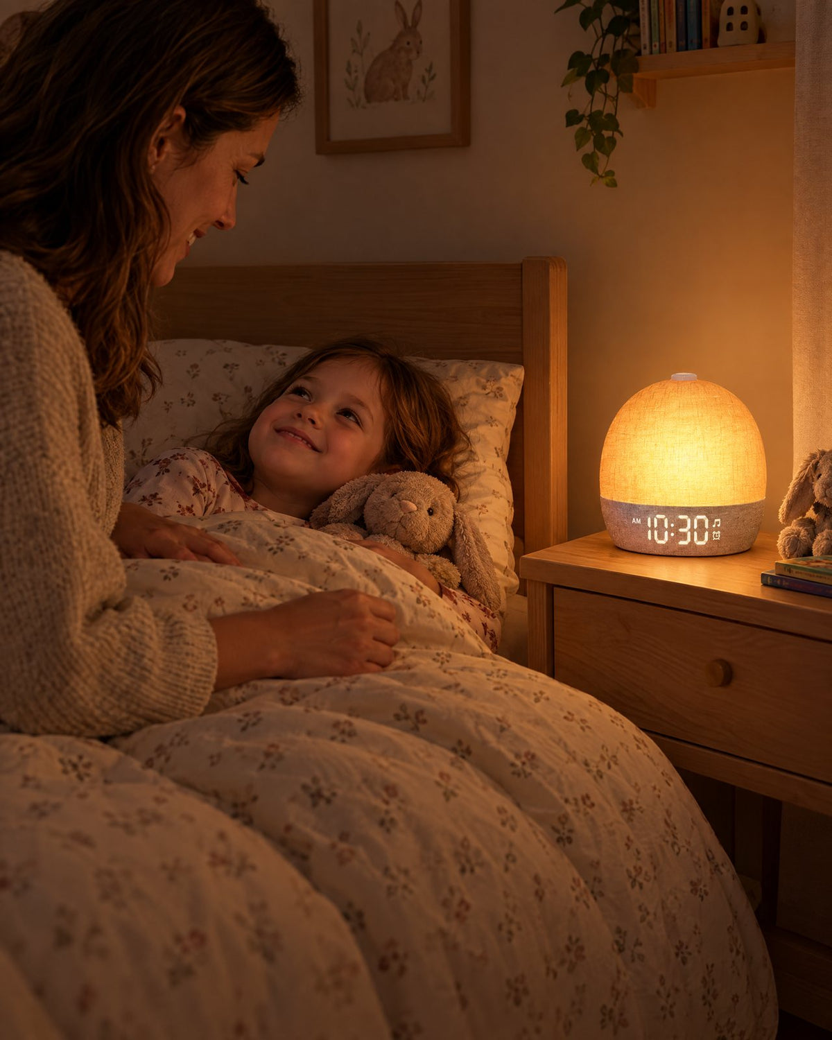 Maman qui couche son enfant, réveil lumineux Aube en veilleuse douce dans la chambre (visuel d'illustration)