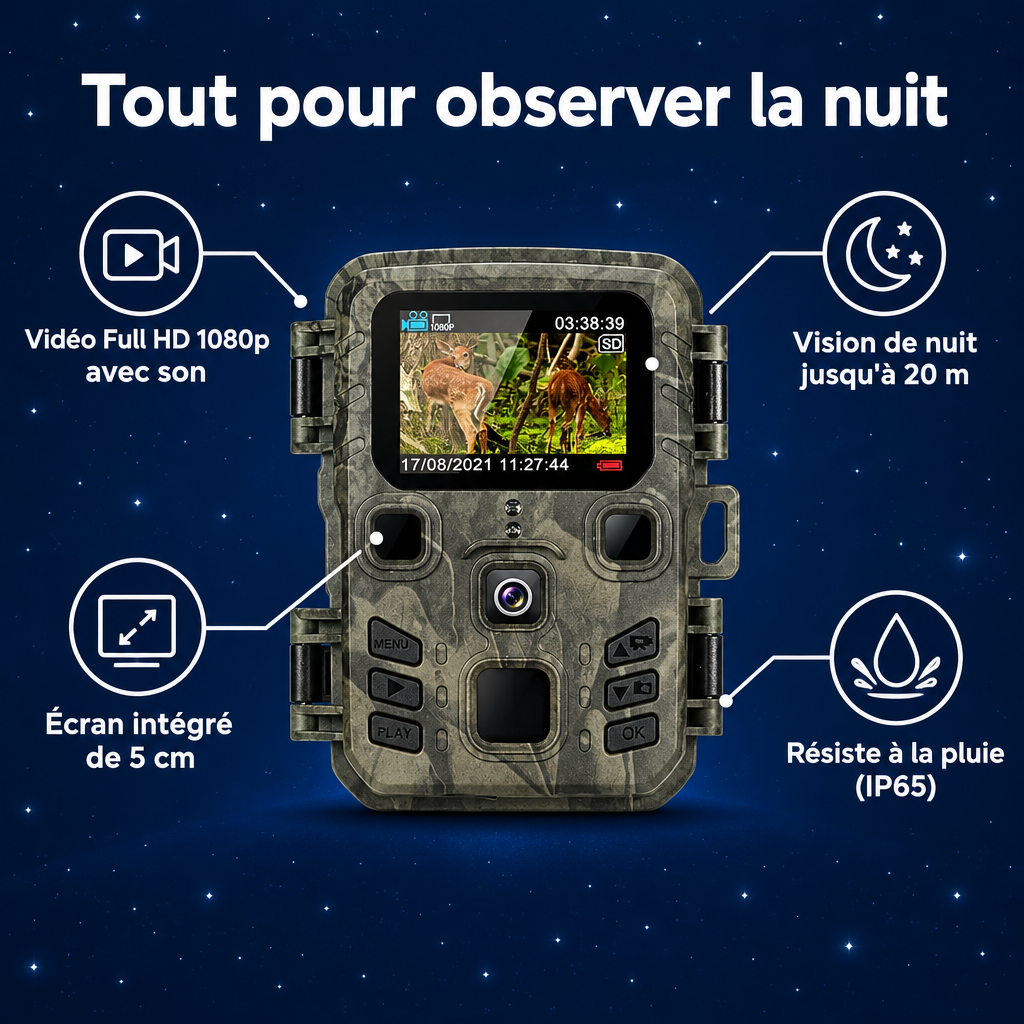 Caractéristiques : vidéo Full HD 1080p avec son, vision de nuit jusqu'à 20 m, écran intégré de 5 cm, résiste à la pluie IP65