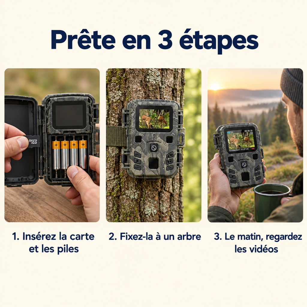 Prête en 3 étapes : carte et piles, fixation à un arbre, vidéos le matin