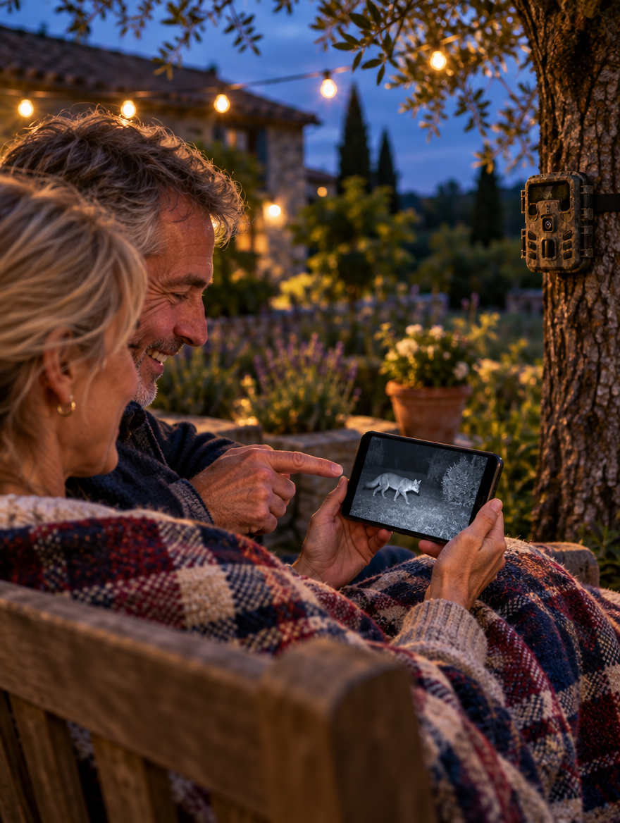 Un couple regarde sur son téléphone la vidéo d'un renard filmé dans son jardin avec la version WiFi