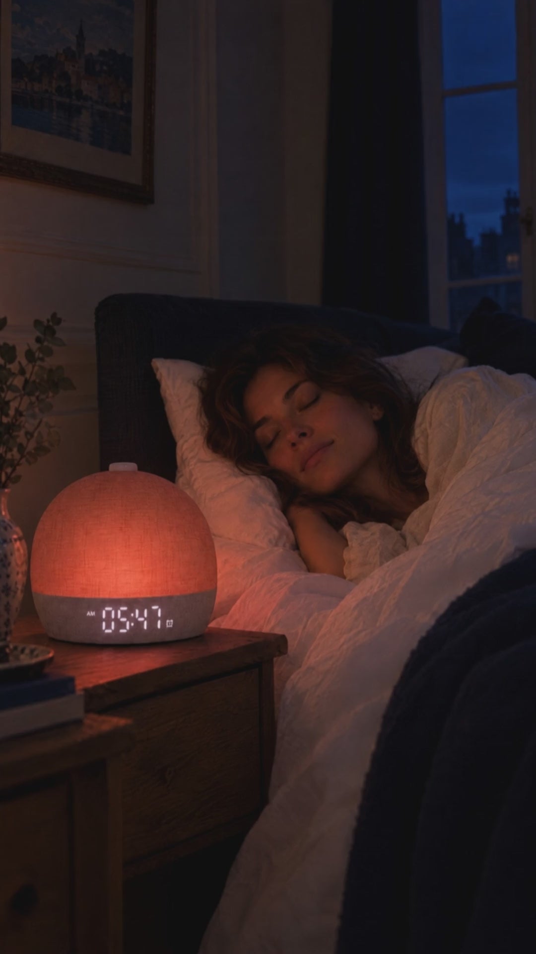 Vidéo du réveil lumineux Aube : la lumière monte doucement avant l'alarme (vidéo générée par IA)